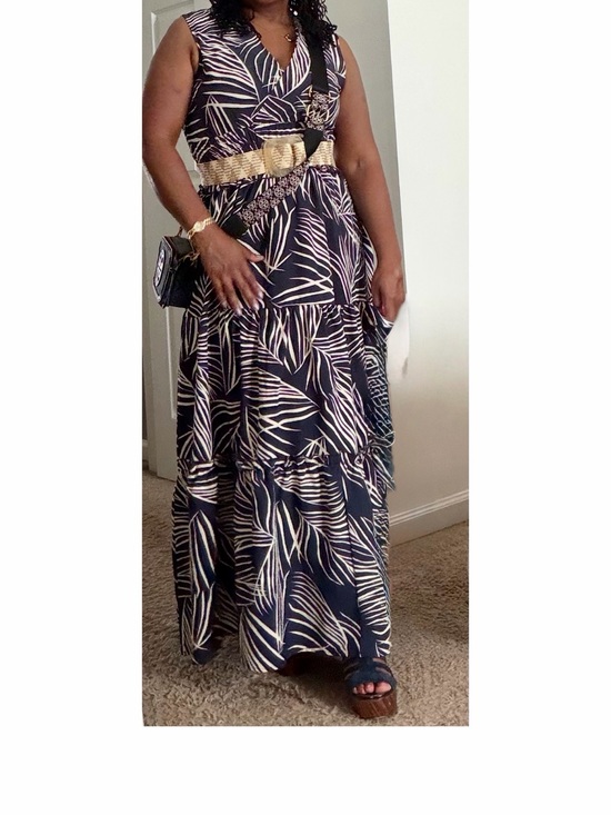 Latia Dresses & Skirts - Navy Blue and White Leaf-Print Maxi Dress with Elastic Waist. Belt not included.